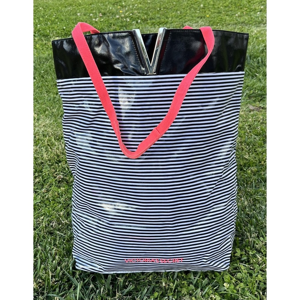 Victoria's Secret Tote Bag Womens Large Black Striped Vinyl Pink Handles Beach